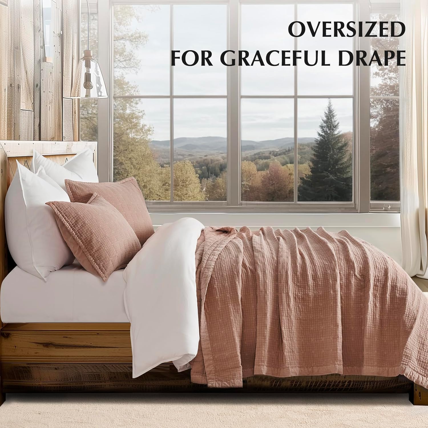 EVERGRACEHOME Stonewashed Cotton Quilt Set King Size, Ultra Soft Oversized Bedspread Coverlet Set, Lightweight Crinkle Box Stitch Bedding Sets for All Season, with 2 Shams, Terracotta Clay - Image 3
