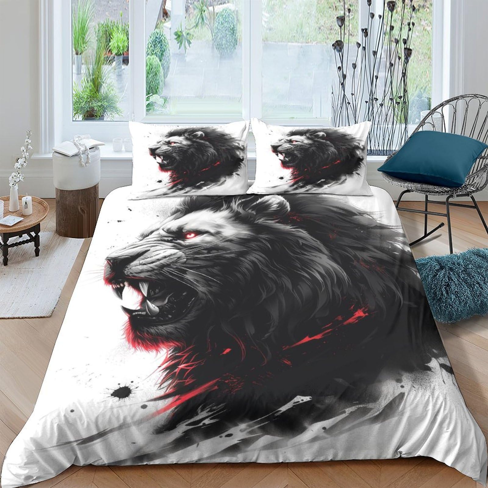 Housse de couette lion 3D respirante et parure de lit microfibre super douce pour lit double