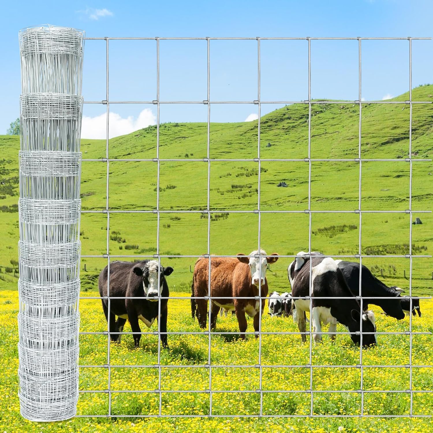 Malla Ganadera Metálica | Red Pastoral Anudada con Alambre de Acero Galvanizado Fuerte de Alta Resistencia | Cerca Forestal de 1 metro de alto | Rollo de 50 metros de Largo