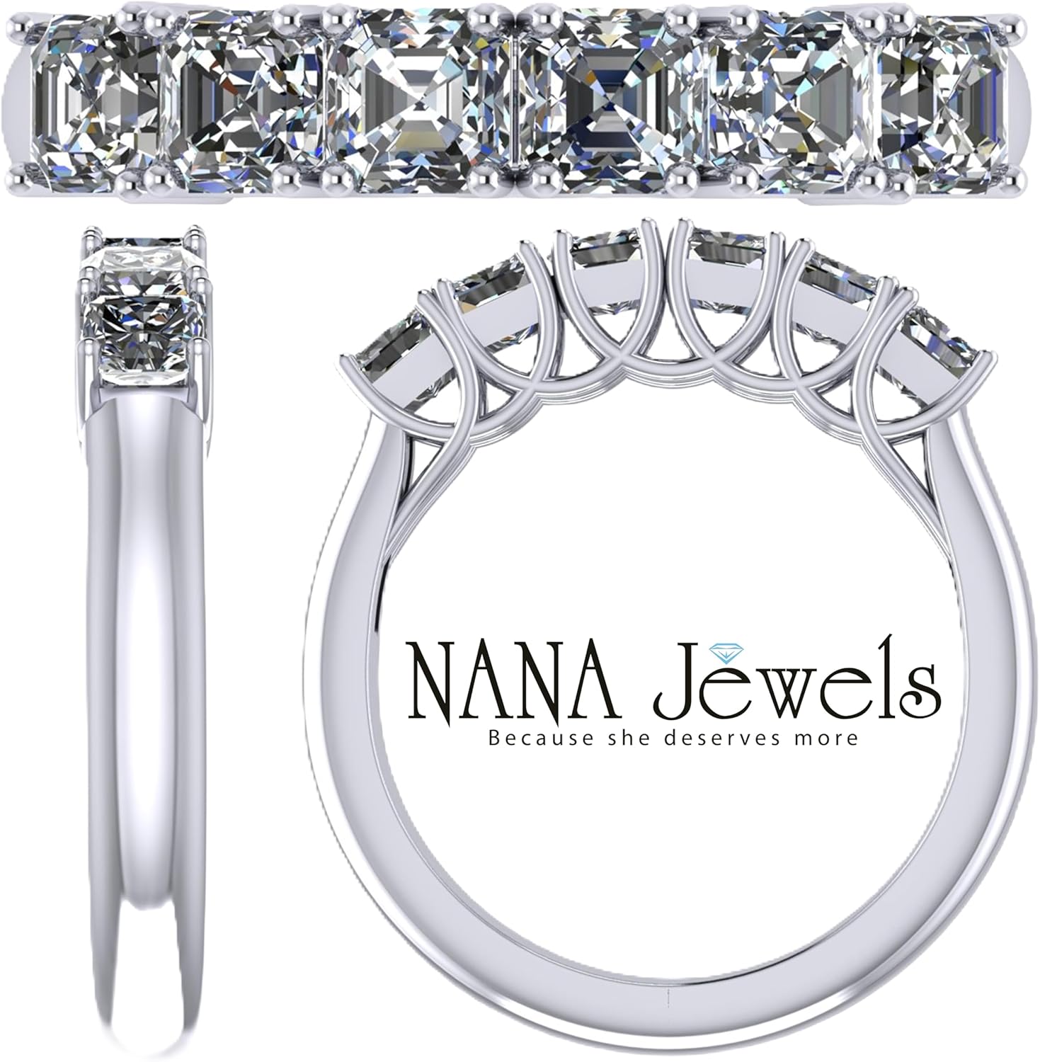 NANA Jewels Asscher Cut Simulated Diamond Ring 1.00ctw 6 Stone Wedding Band, Sterling Silver, 10K or 14K Gold