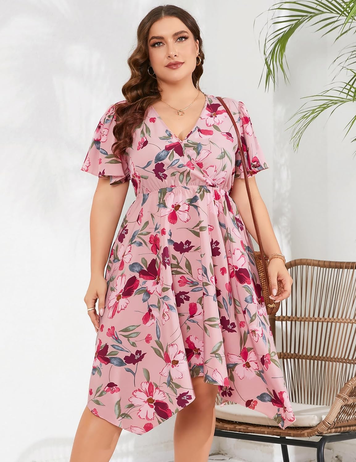ShopWonder Women Plus Size Wrap V Neck Midi Dress Short Sleeves High Waist Irregular Hem Summer Casual Dress - Image 2