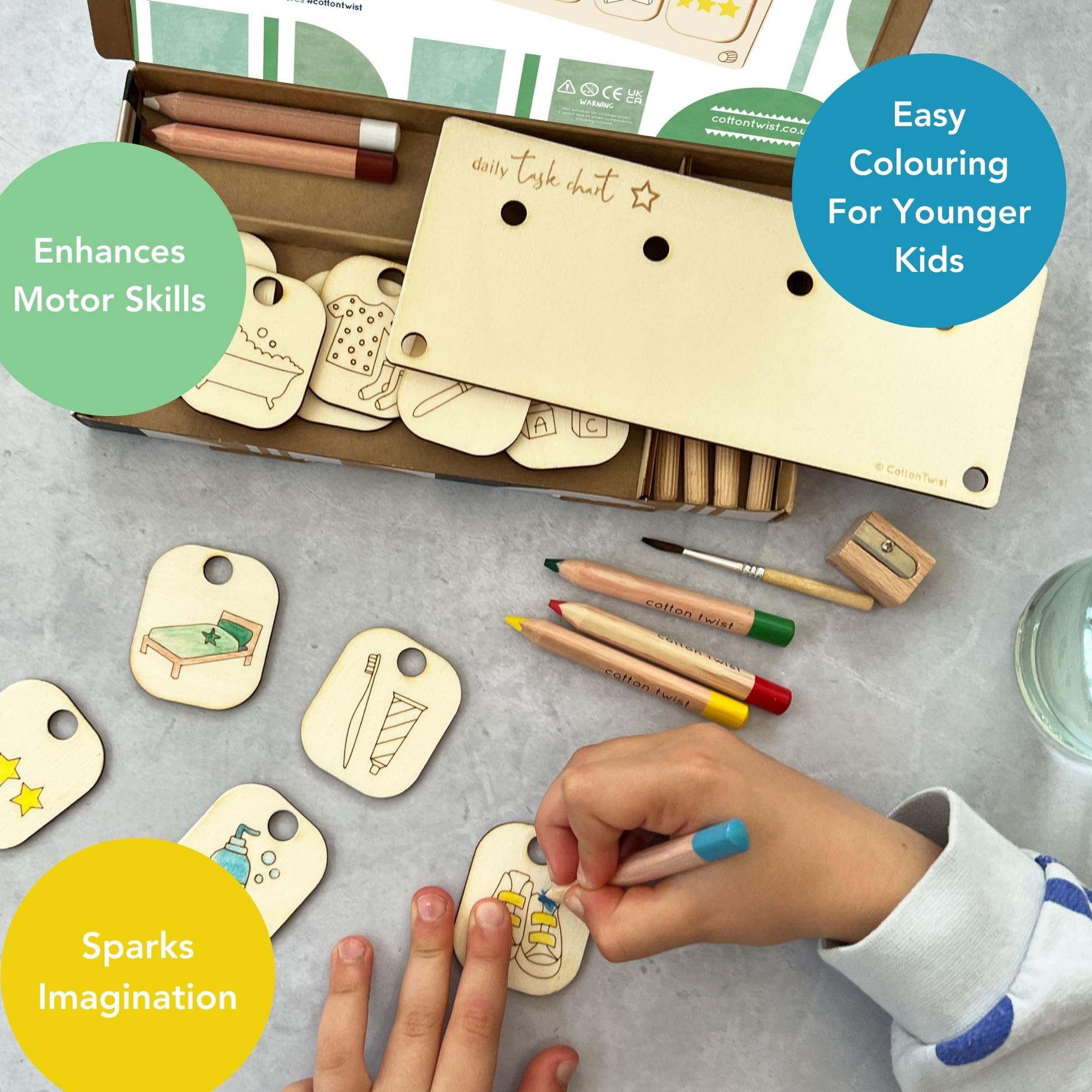 COTTON TWIST Kids Make Your Own Daily Task Chart Play Set, Stand with Tokens and Watercolour Pencils - Image 3