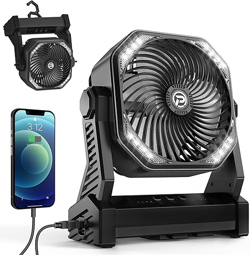Ventilador de camping con linterna LED, 20000 mAh, recargable, funciona con pilas, para exteriores, con luz y gancho, pivote de 270, 4 velocidades, Ventilador de camping con linterna LED, 20000 mAh, recargable, funciona con pilas, para exteriores, con luz y gancho, pivote de 270, 4 velocidades,