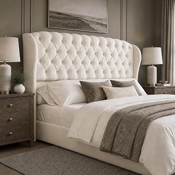 AMERLIFE Full/Queen Headboard Only, Velvet Curved Wingback, White