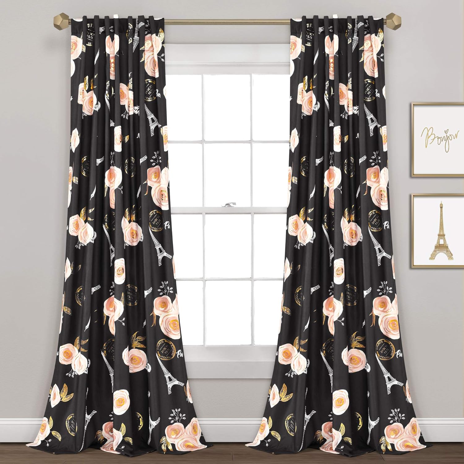 Lush Decor Vintage Paris Rose Butterfly Script Light Filtering Window Curtain Panels Pair 52" W x 84" L Black - Kids Curtains - Kids Bedroom Decor