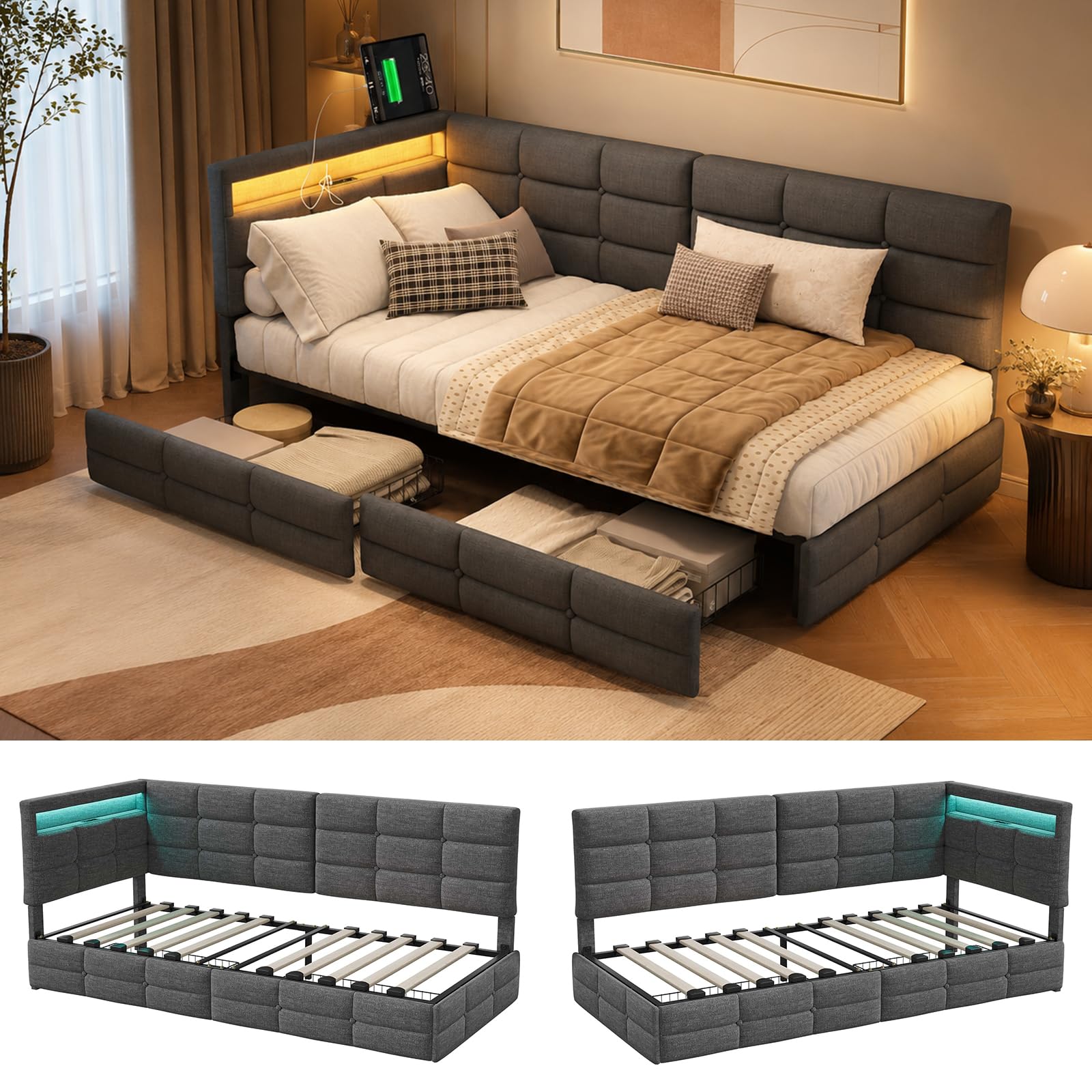 Polsterbett Schlafsofa 90x200 mit LED-Beleuchtung, Kinderbett Einzelbett mit Stauraum Schubladen und Kopfteil, Tagesbett Jugendbett Bettgestell mit Lattenrost, ohne Matratze (Graues Leinen 90cm)