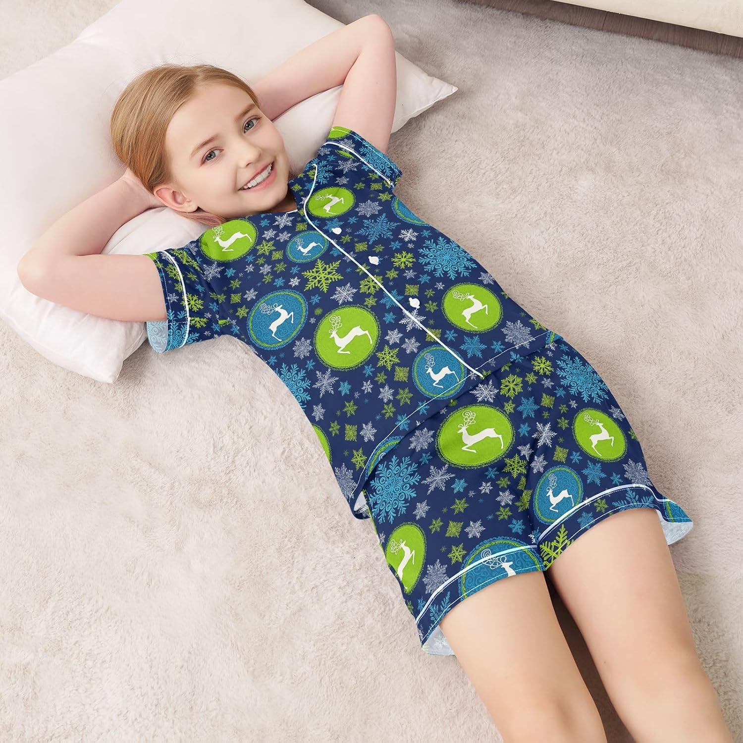 Kids Satin Wear Set Snowflake Deer Pattern Relaxed Fit Clothing Short Sleeve and Shorts