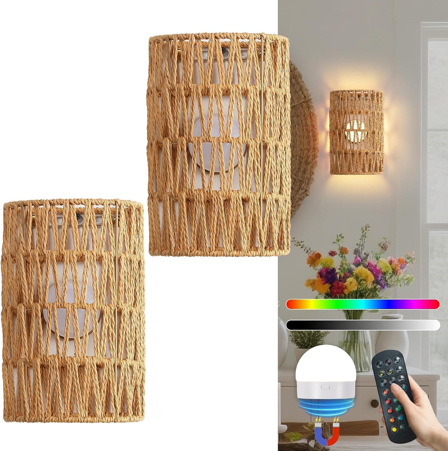 2 Stück Wandleuchte Innen RGB Dimmable Wandlampe mit Fernbedienung Boho Rattan Nachttischlampe Vintage Bambuslaterne Lampe ohne Stromanschluss für Wohnzimmer Schlafzimmer Treppen Flur