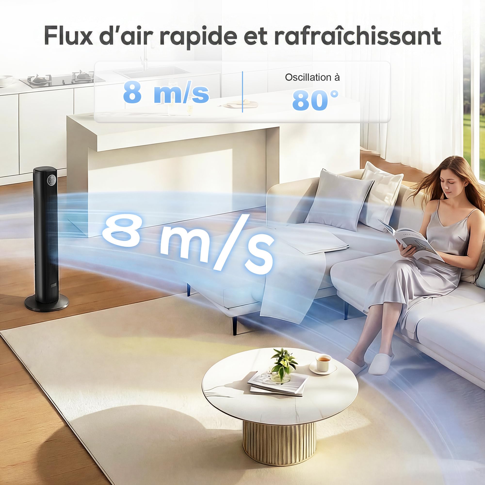HOMCOM Ventilateur colonne silencieux 28dB, vitesse 8m/s, ventilateur tour pour chambre, 90,5cm de haut, moteur BLDC, oscillant 80°, écran LED, télécommande, 12 vitesses, 4 modes, minuterie 12H, noir