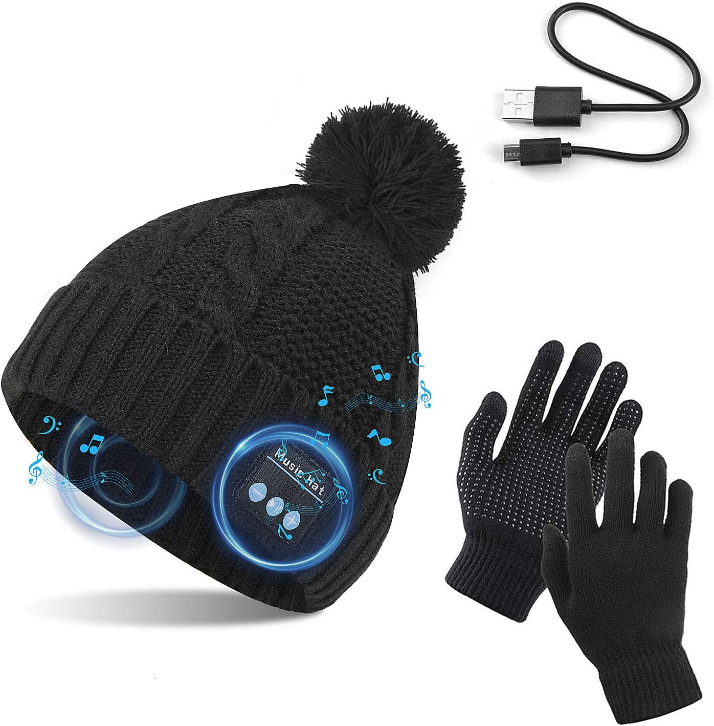 Tagvo Bluetooth V5.0 Beanie with Touchscreen Gloves Set Winter Warm Knitted Wireless Bluetooth Headset Music Hat for Running Skiing Hiking.