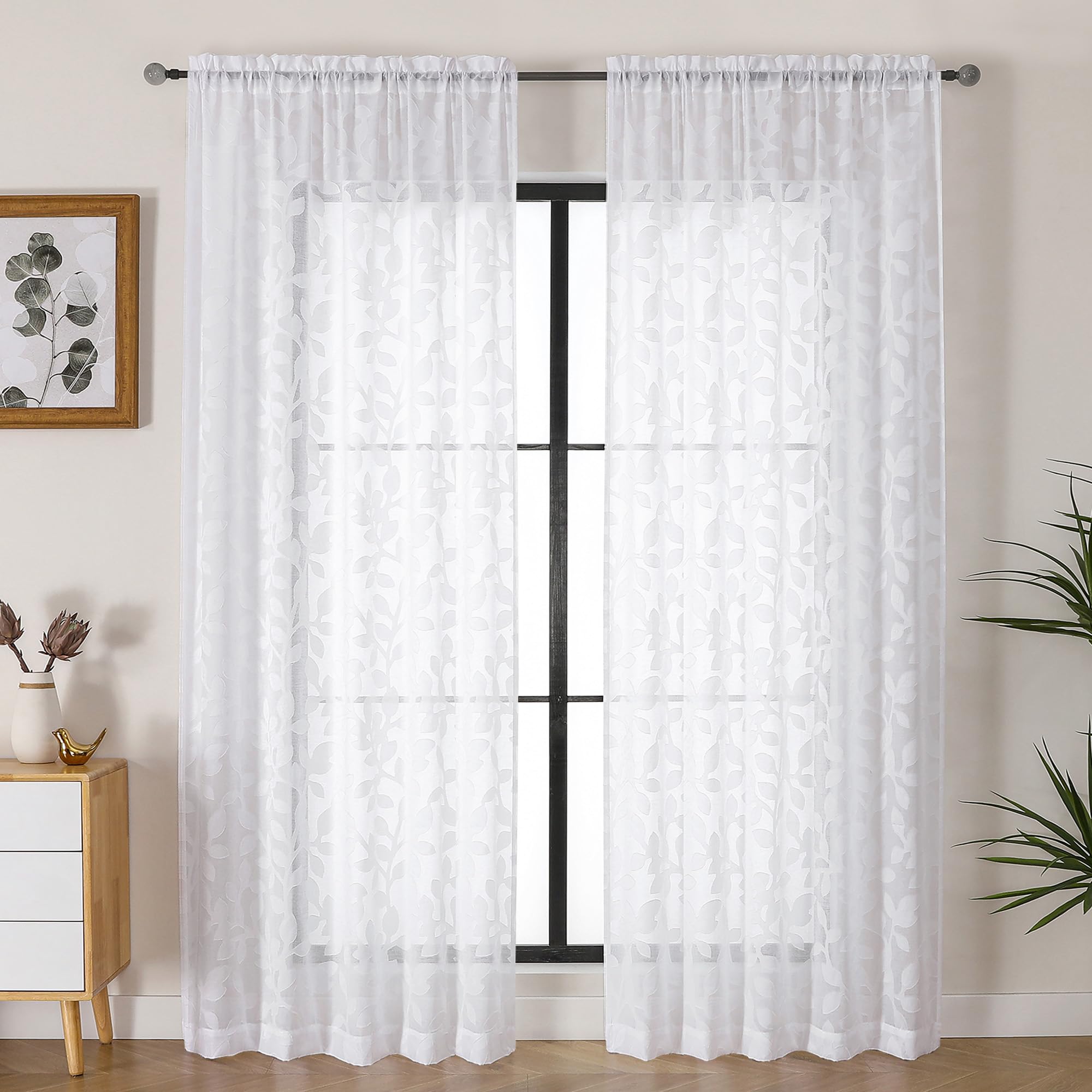 OVZME White Sheer Curtains 90 inches Long 2 Panels for Living Room, Jacquard Clip Leaf Pattern Textured Light Filtering Window Semi Sheer Voile Drapes for Bedroom, Each Panel 52 x 90 Inch
