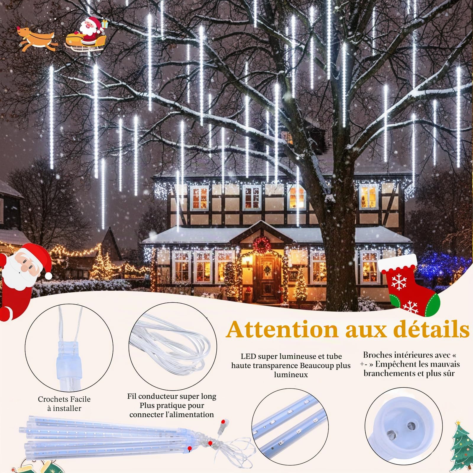 Guirlande Lumineuse Exterieure Noel, 24 Tubes Lumières de Pluie de Météores, 30 cm 576 LED, Étanche IP65, éclairage de Noël pour Balcon, Avant-Toit, Toit, Blanc (3 Jeux de 8 Tubes)