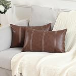 MANDIOO Set of 2 Boho Striped Faux Leather Throw Pillow Covers 20x20 Inch 50x50 cm Modern Luxury Square Decorative Cushion Cases for Living Room Bedroom Sofa Couch Dark Brown