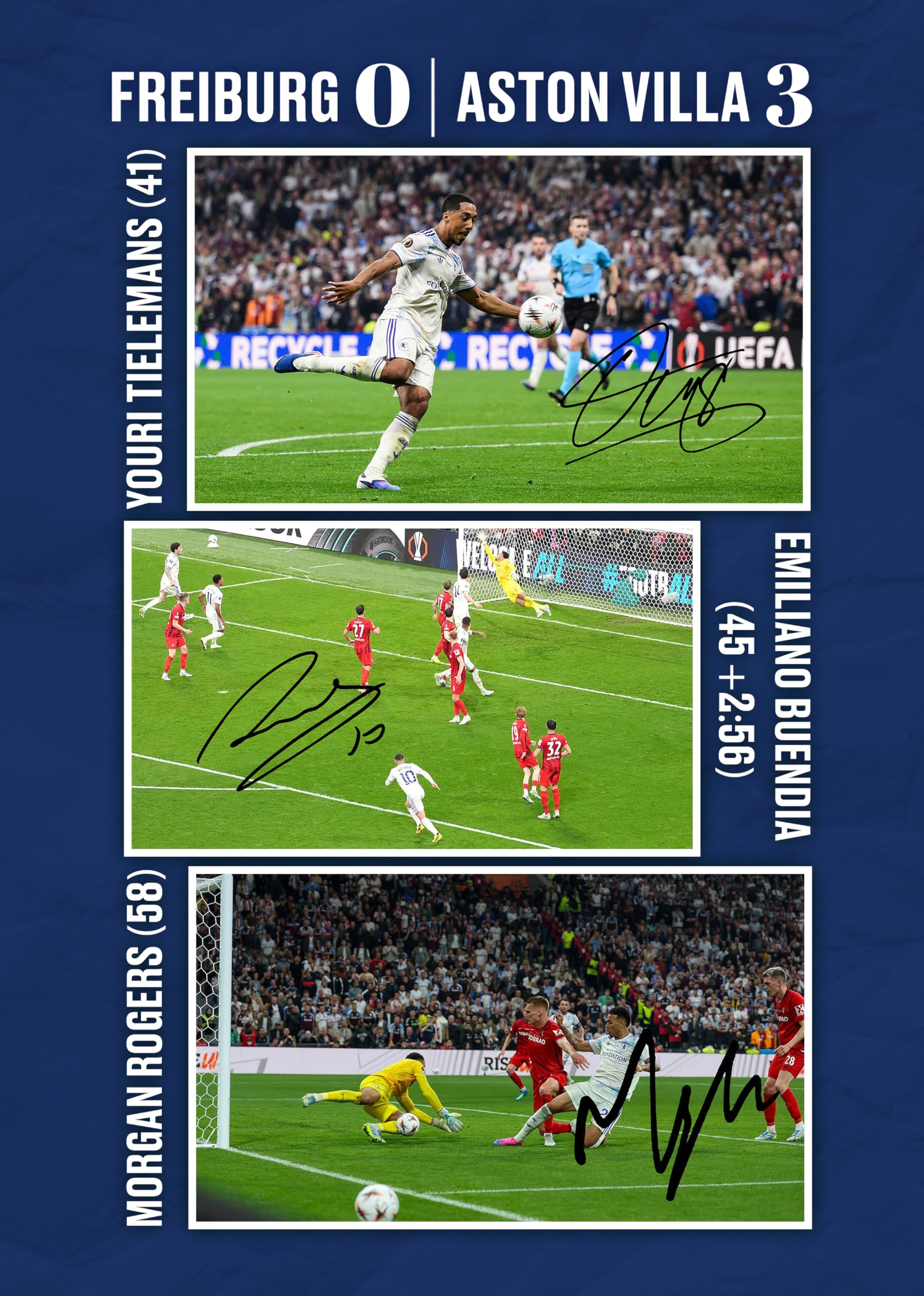 RJR PRINTS Goalscorers Tielemans, Buendia & Rogers Aston Villa 2026 Europa League Signed A4 Montage Photo Print Which Would Make A Great Gift For Any Fan.