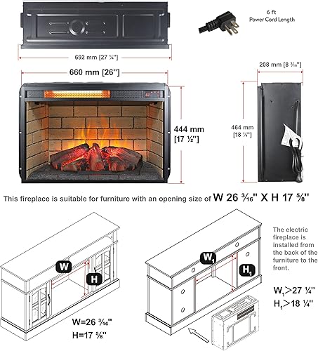 Miniatura 2 de CZBZ 26 Inch Infrared Quartz Heater Fireplace Insert with Realistic Wood Logs & Brick Backdrop  Adjustable Flame Brightness, 1500W Supplemental