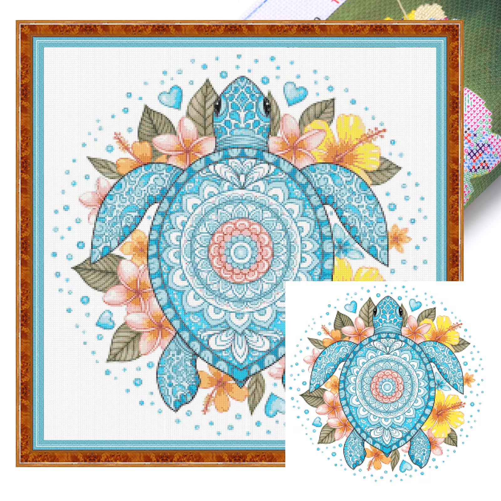 Poetrydraw Datura Turtles And Flowers Datura Turtles & Flowers 14Ct Diy Cross Stitch Kit For Beginners Adults Home Decor Embroidery Needlepoint Starter Kit 11.7X11.7 Inch