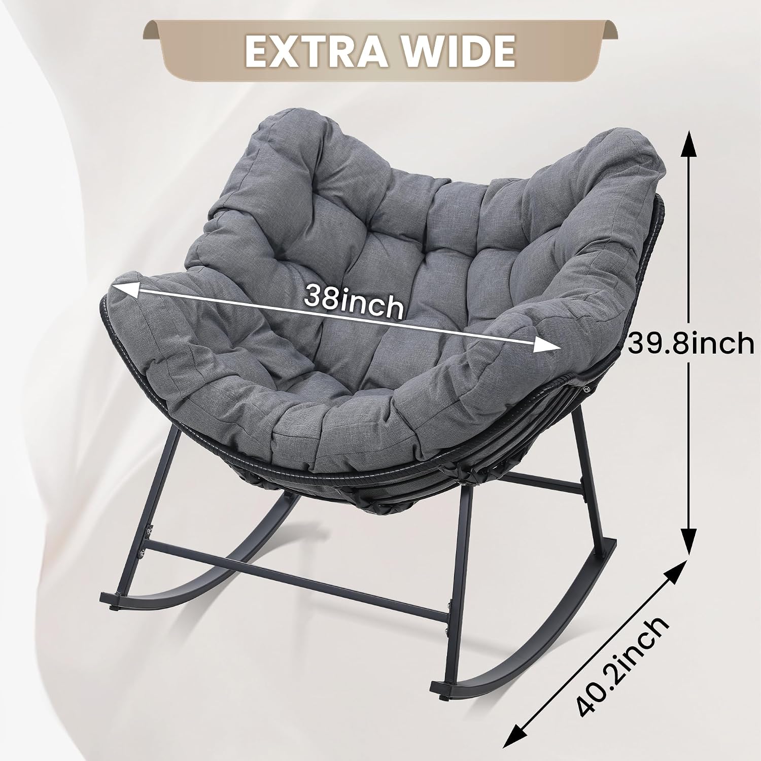 KROFEM Oversized Papasan Rocking Chair, Outdoor Egg-Shaped Wicker Chair with Thick Cushion, Modern Rattan Rocker for Patio & Living Room, Grey