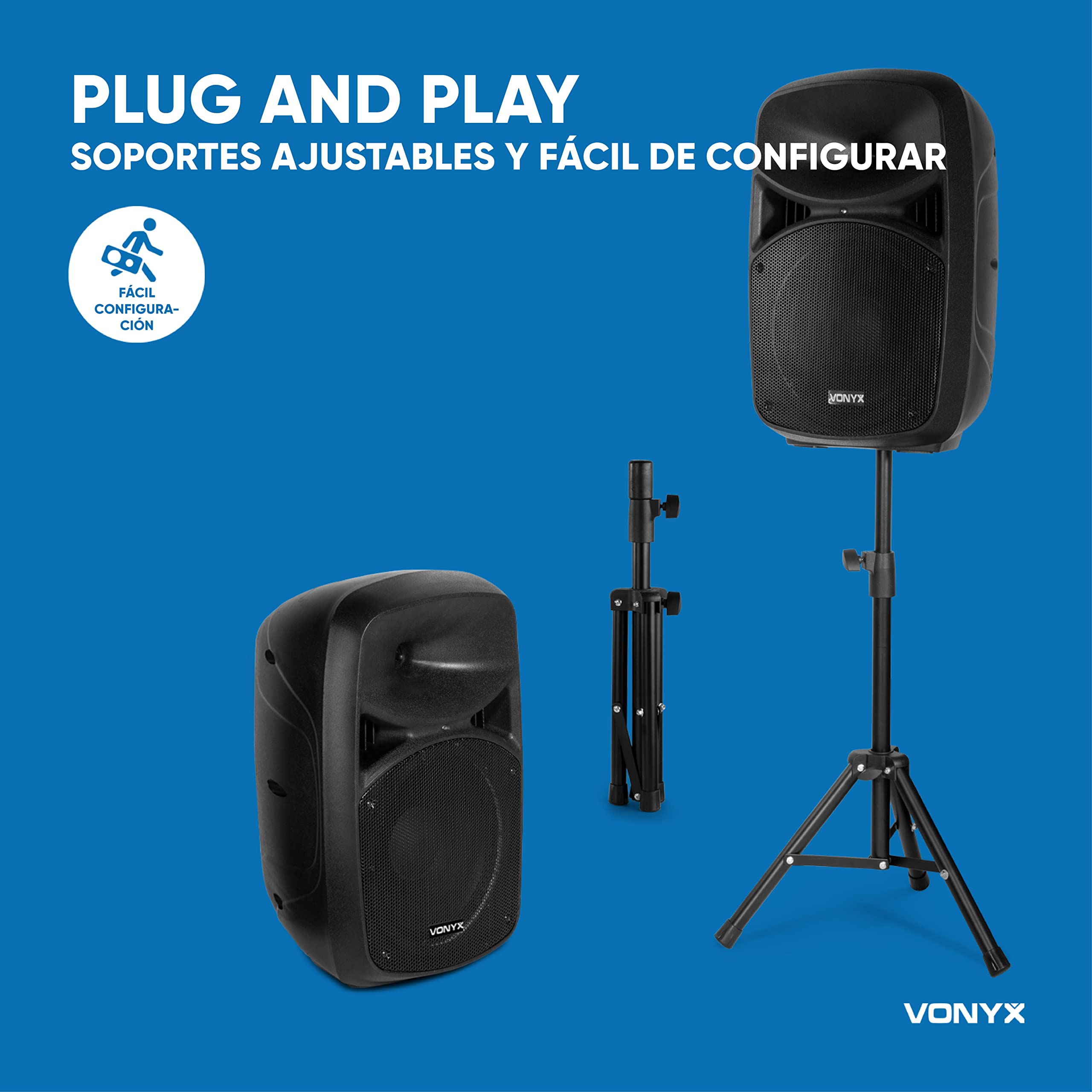 Vonyx VPS102A – Sistema de Sonido Activo 600W con 2 Altavoces 10”, Bluetooth, USB, SD, micrófono, Soportes y LED rítmicos, Altavoz Karaoke portátil Potente para Fiesta y DJ, Color Negro