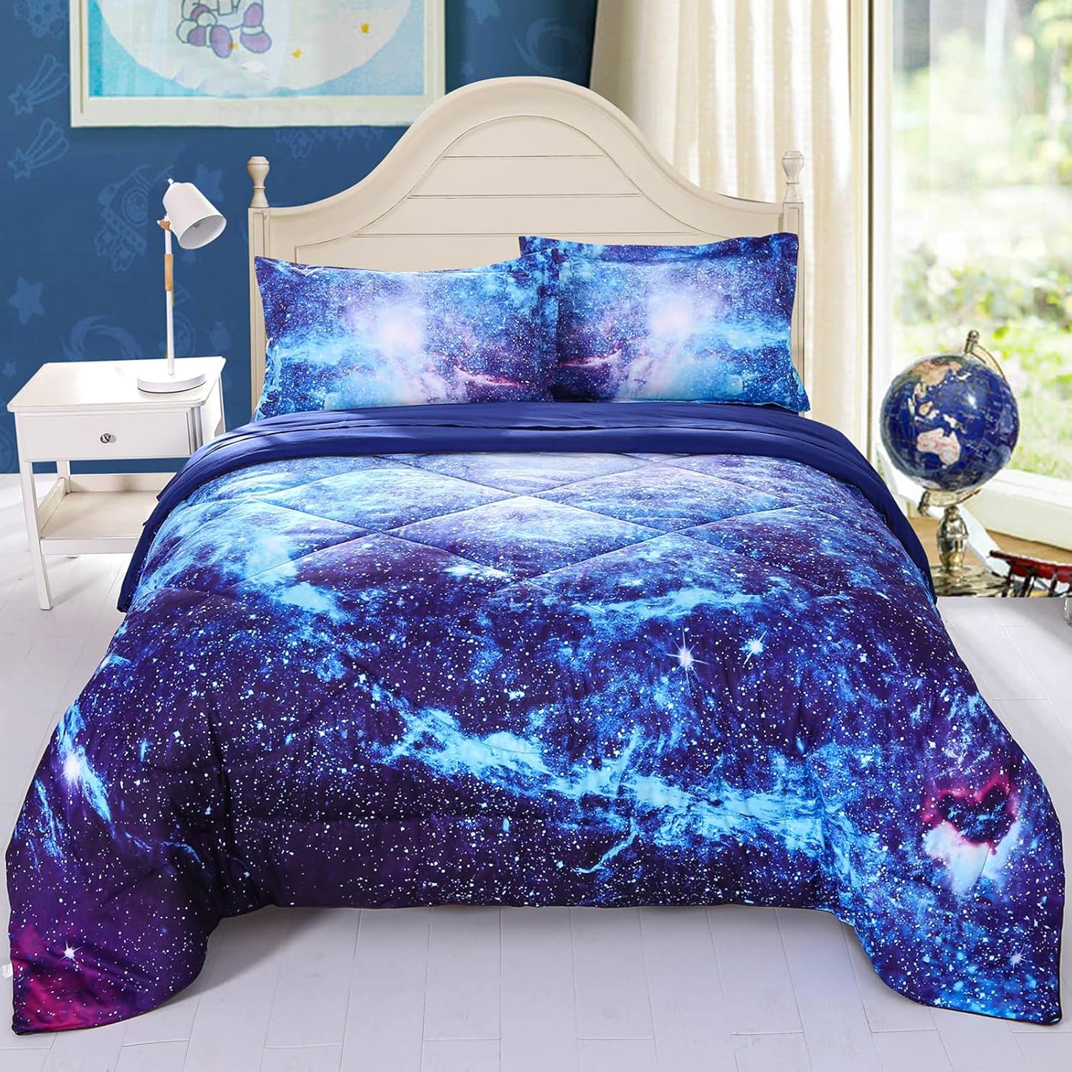 Wowelife Galaxy Bedding Comforter Set Full 5 Pieces Blue Outer Space Kids Full Size Comforter Bed Set for Teen Boys Girls Lightweight with Comforter, Flat Sheet, Fitted Sheet and 2 Pillowcases, Blue Blue Galaxy Full