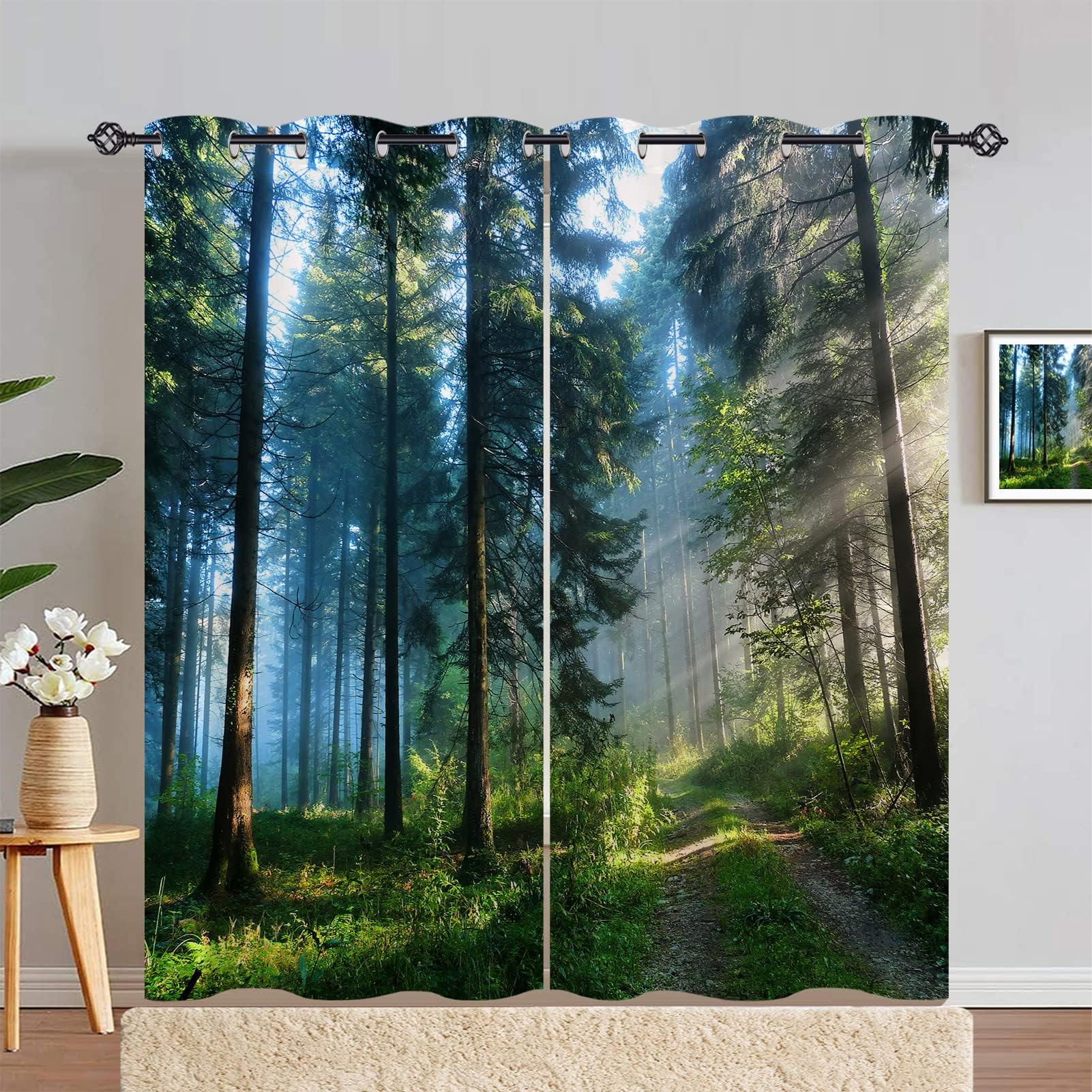 Forest Curtains W42 x L84 Inch Grommet Nature Jungle Misty Forest Sunshine Woodland Tree Path Scenery Print Pattern Light Filtering Fabric Window Drapes for Bedroom Living Room 2 Panels