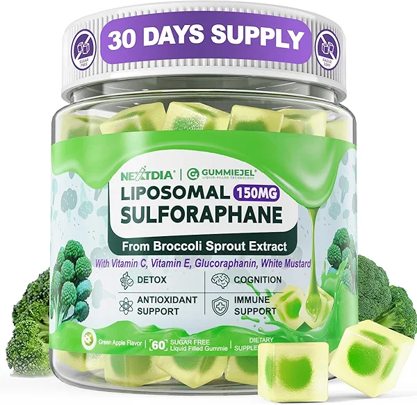 150mg Liposomal Sulforaphane Supplement from Broccoli Sprouts Extract - Sulforaphane with Myrosinase, Vitamin C, E | Broccoli Sprout Supplement for Antioxidant, Detox & Cellular Health | 60 Counts