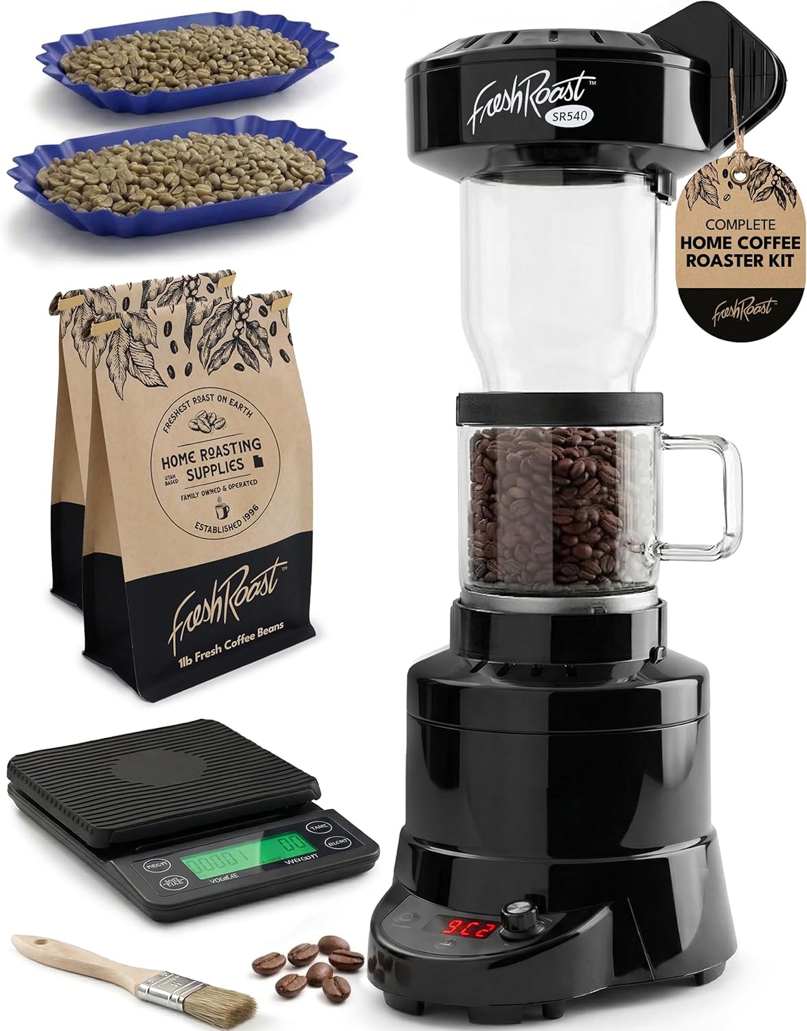 Coffee Roaster Bundle SR540, Glass Extension Tube, Pour Over DIgital Scale, (2lbs) Sample Pack of Green Beans, (2-Pack) Sample Trays, Chaff Brush