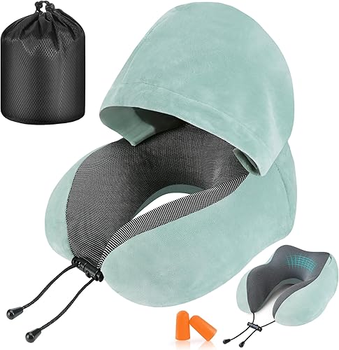 Almohada de viaje, almohada cervical para viajes con capucha para avión, almohada de terciopelo de espuma viscoelástica para el cuello para adultos
