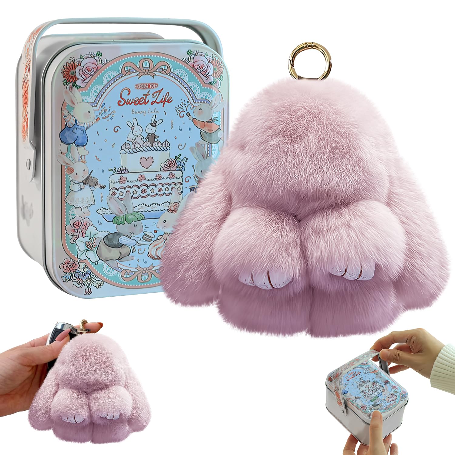 Grenben Bunny lulu Keychain with Tin, Cute Bunny Plush with Exquisite Box, Cute Plush Keychain Thoughtful Gift for Friends