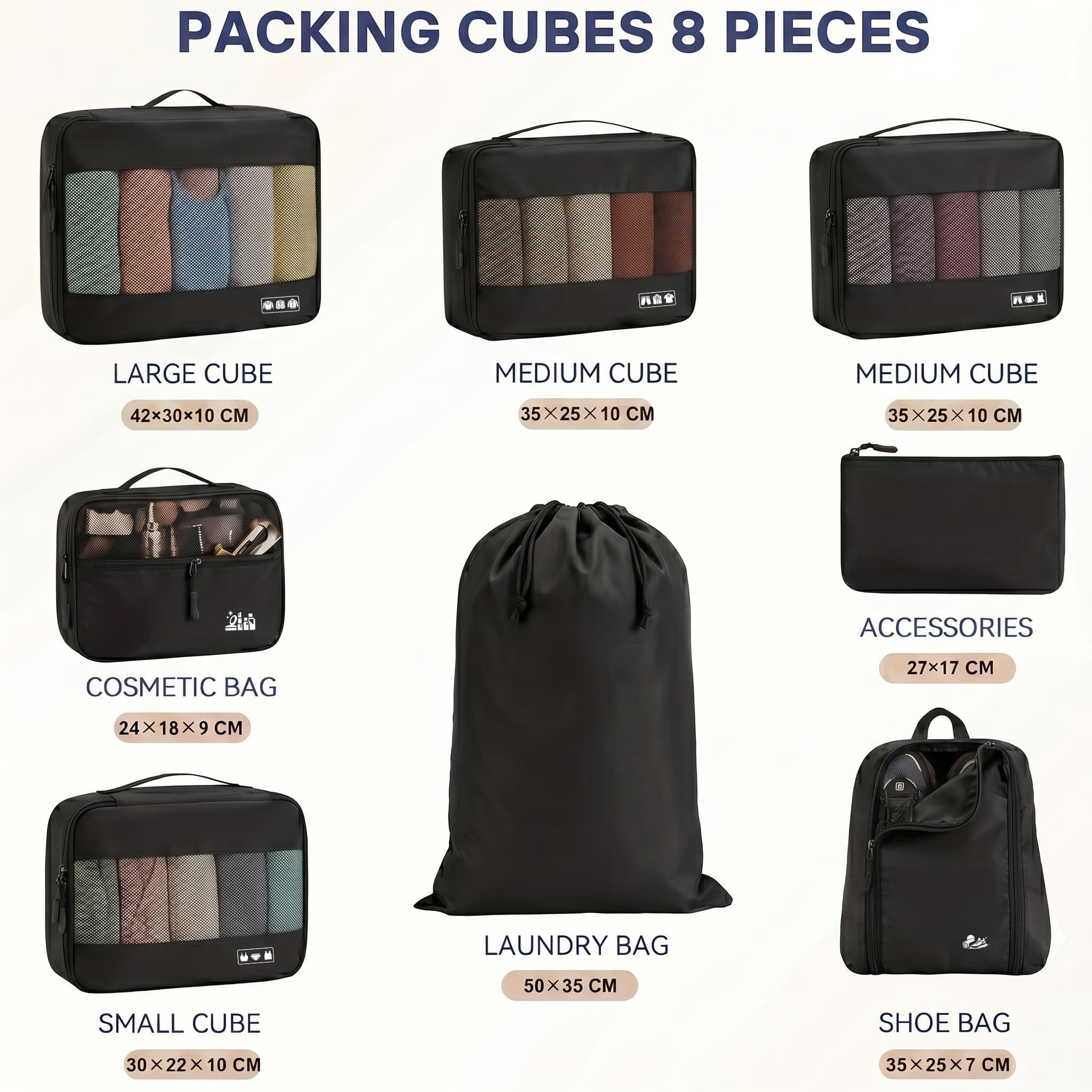 MURISE Organizer do Walizki, zestaw 8 Sztuk, Packing Cubes na wakacje i podróże, Organizer Podróżny do Walizki, z workiem na buty, Kosmetyczką, Systemem Organizacji, Niezbędne w podróży, Czarny