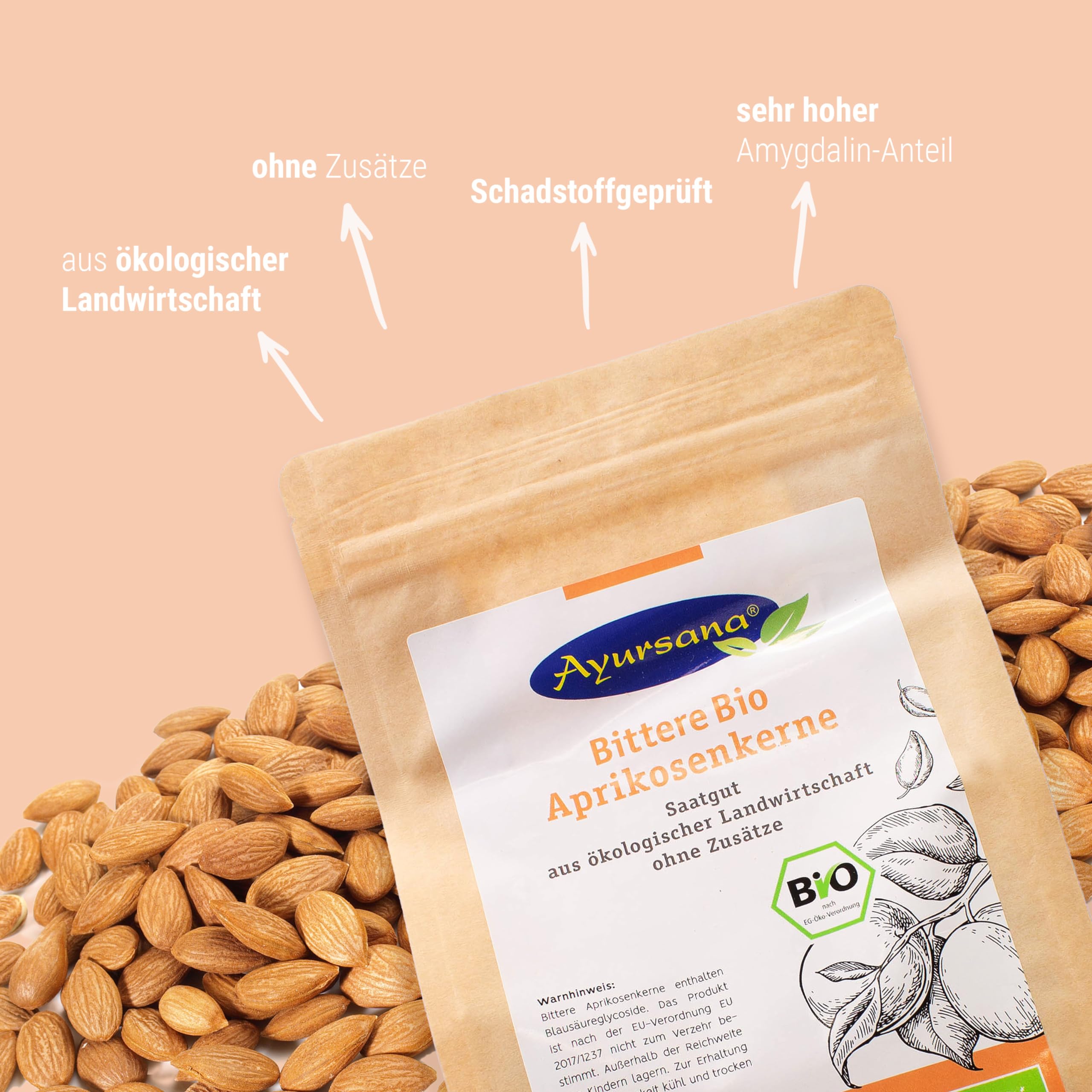Ayursana Bittere Aprikosenkerne 3x500 g Bio-Qualität Saatgut | 3x500 g bittere Aprikosenkerne, hoher Amygdalin-Anteil, schadstoffgeprüft im deutschen Labor, Bio-Qualität