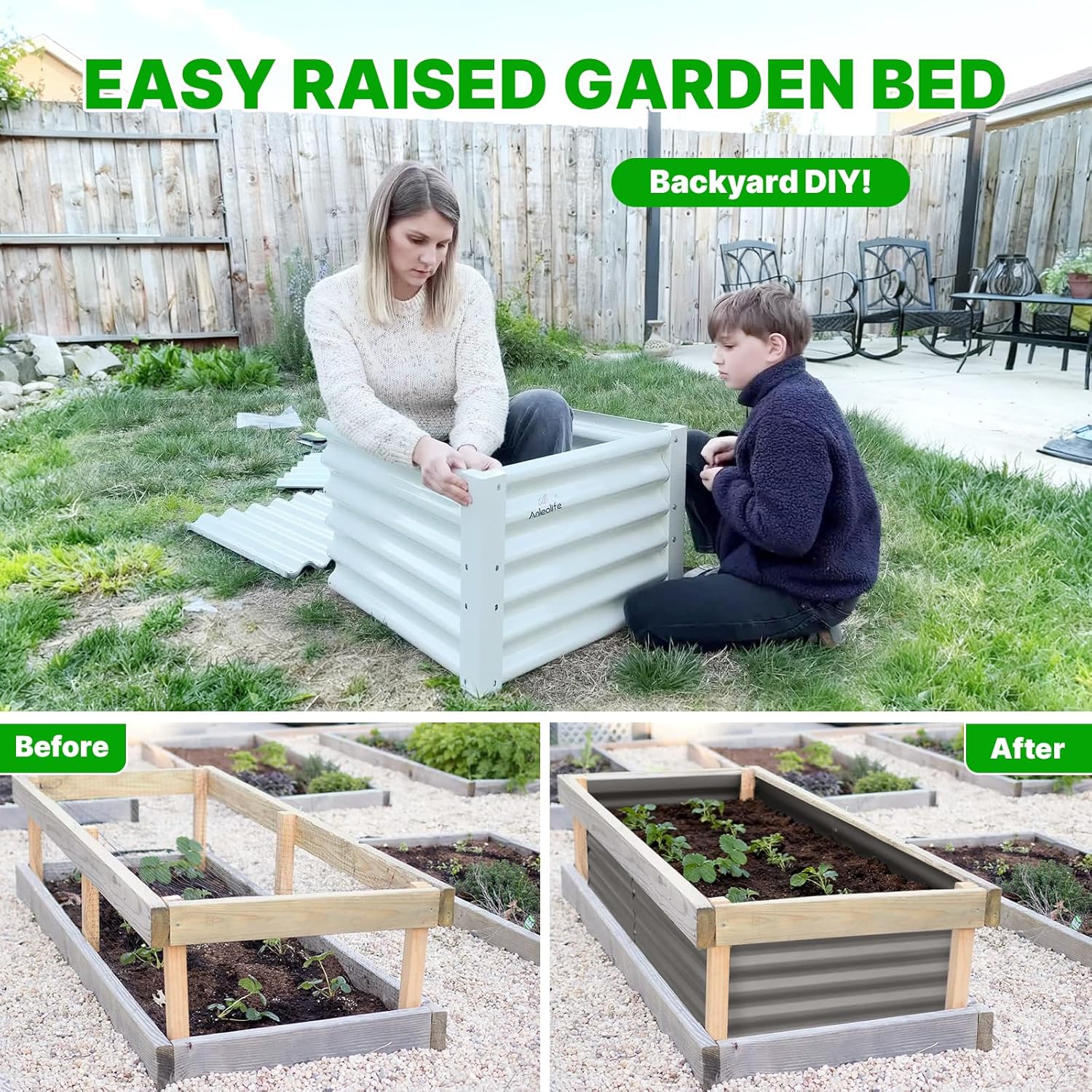 ANLEOLIFE 8-Pack 24 Inch Raised Garden Bed Support Rods, Reinforcement Stabilizer Bracing Kit with Connector Studs & Screws to Prevent Bowing in Raised Garden Beds, Quartz Grey