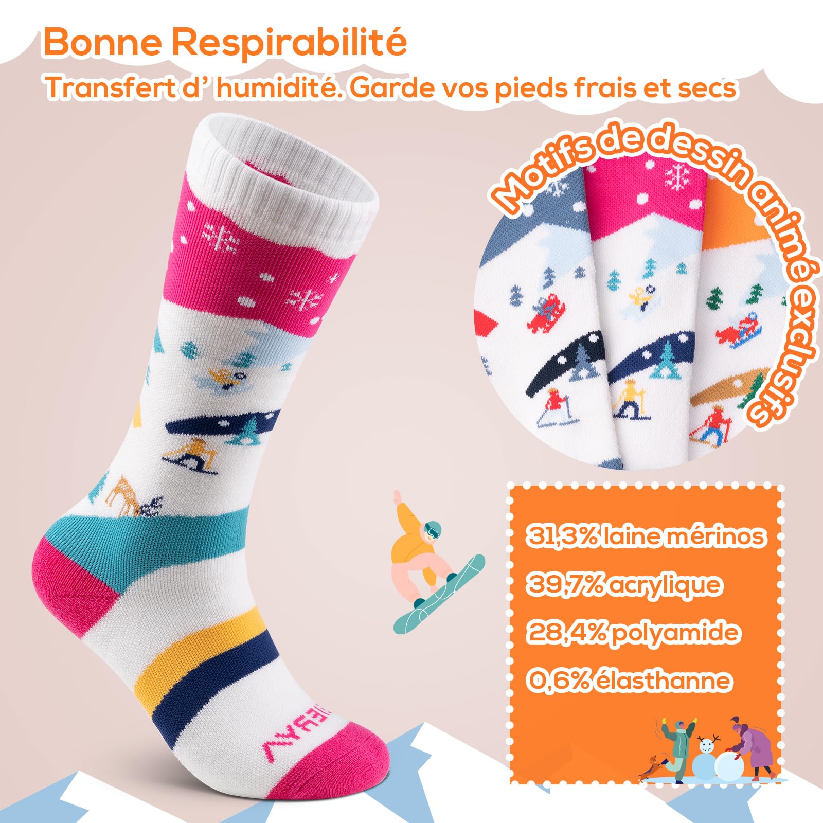 Chaussettes de Ski pour Enfant, Chaussettes Thermiques de Ski pour Garcon et Fille, 3 Paires