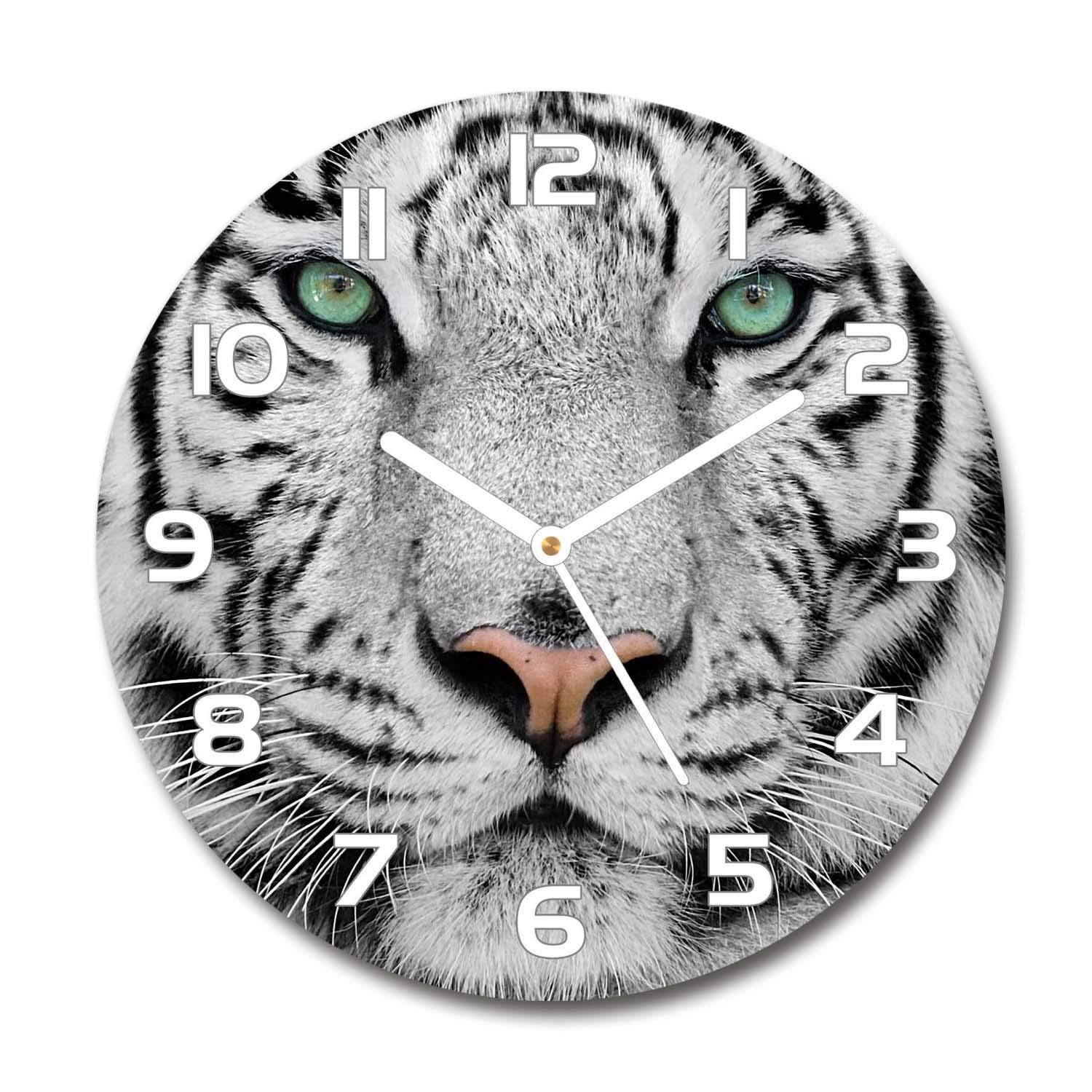 Horloge en verre silencieuse 30cm ronde pour mur et salon impression tigre blanc