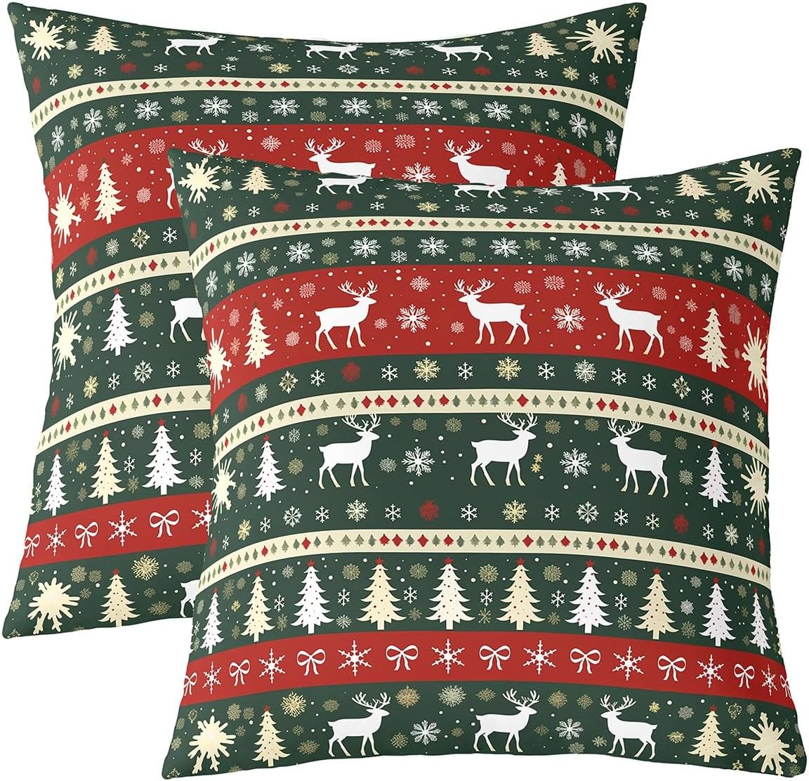 Christmas Deer Throw Pillow Covers,Red Green Geometry