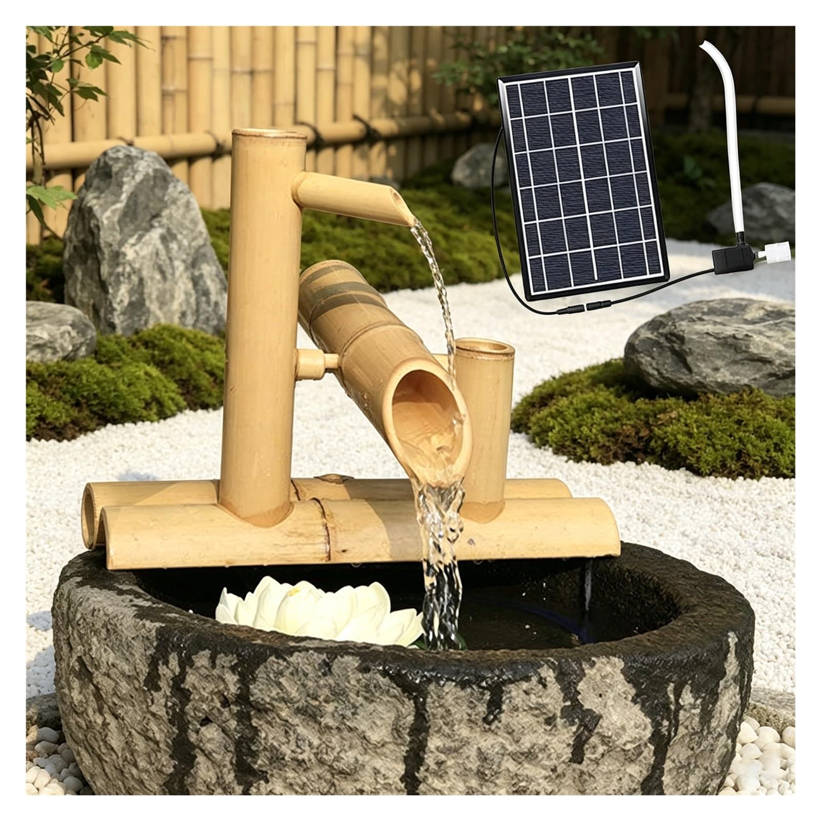 Fontana dell'acqua del bambù alimentata a energia solare, Decorazione del giardino Zen a roccia artigianale, caratteristica dell'acqua interna esterna ecologica con pompa, flusso calmante per il balco
