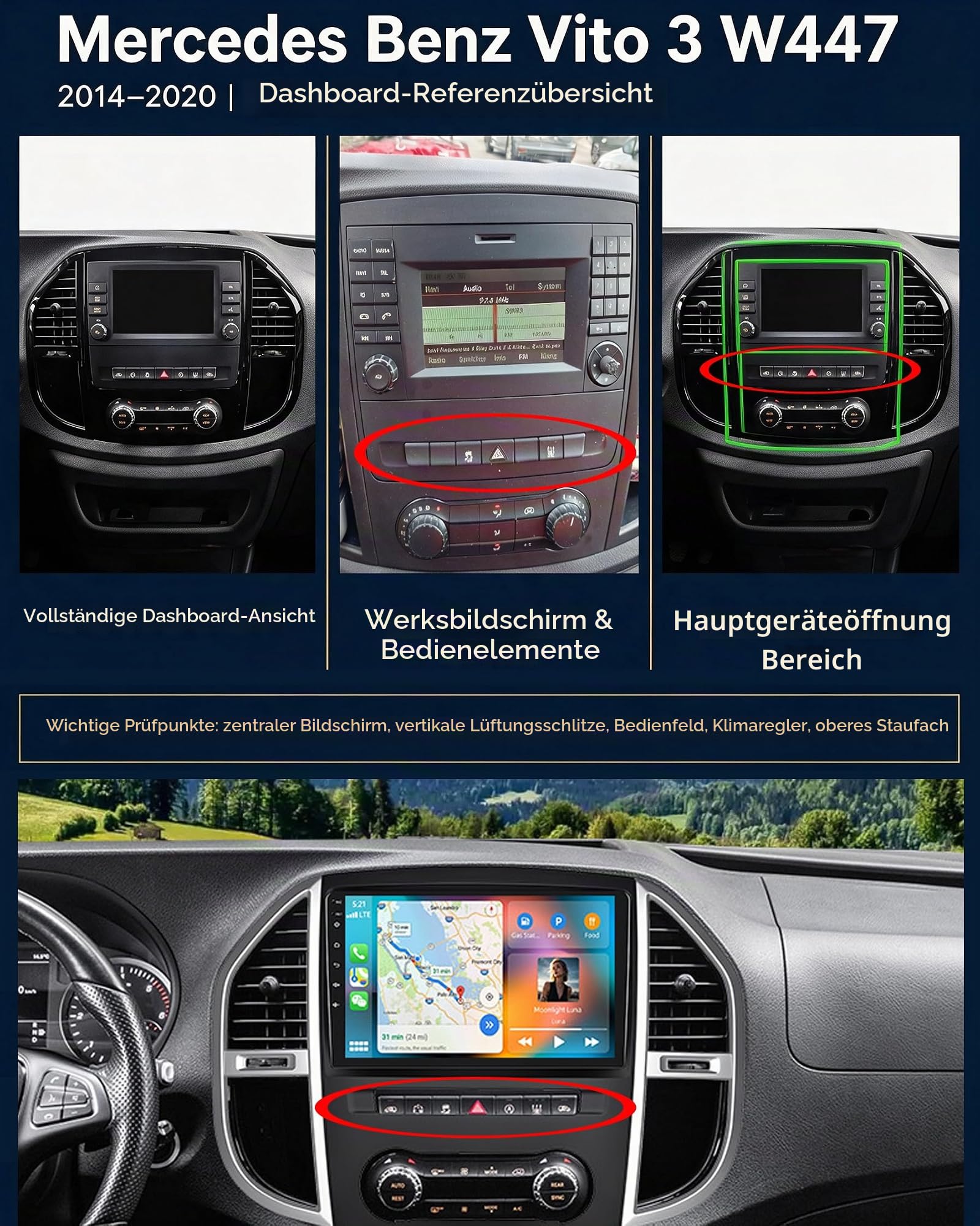 CAMECHO 4G+64G Android 15 Autoradio für Mercedes Benz Vito 3 W447 (2014-2020) mit Navi Carplay Android Auto, Doppel Din Autoradio mit 10 Zoll Bildschirm Bluetooth5.0 RDS/FM MirrorLink+Rückfahrkamera