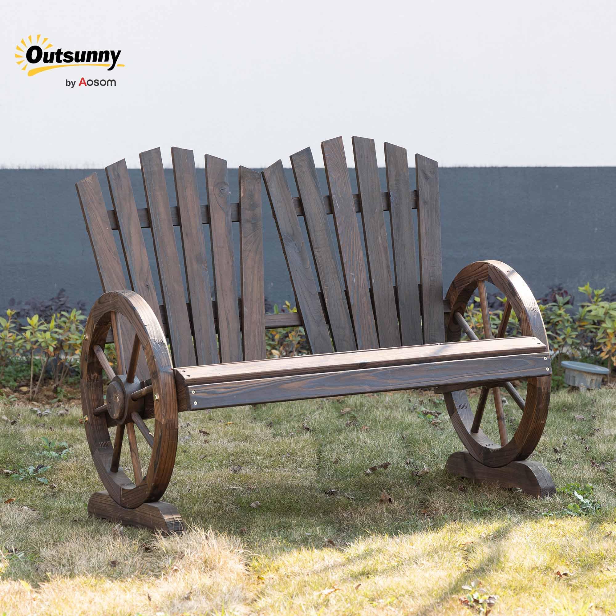 Outsunny Panchina da Giardino da 2 Posti con Braccioli a Forma di Ruota, Panchina da Esterno a Doghe in Legno di Abete, Panca per Terrazza Patio e Cortile, 108x66x95 cm, Carbonizzato