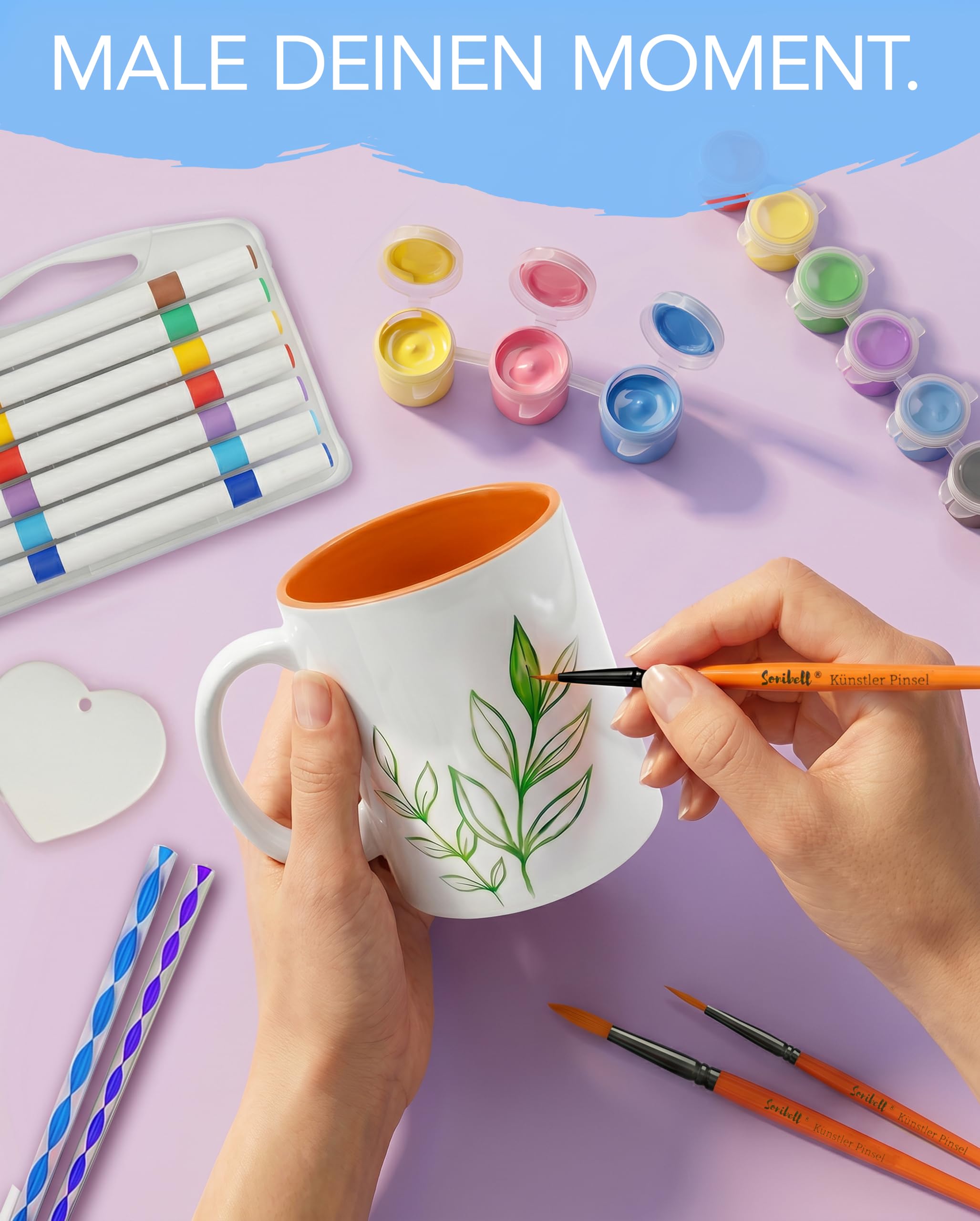 Keramik Bemalen Set mit 3 Tassen,Farben,Stiften & Zubehör | 2 weiße und 1 schwarze Effekt-Tasse,13 Acrylfarben,12 Porzellanstifte,4 Pinsel Künstler und Mandala-Werkzeuge