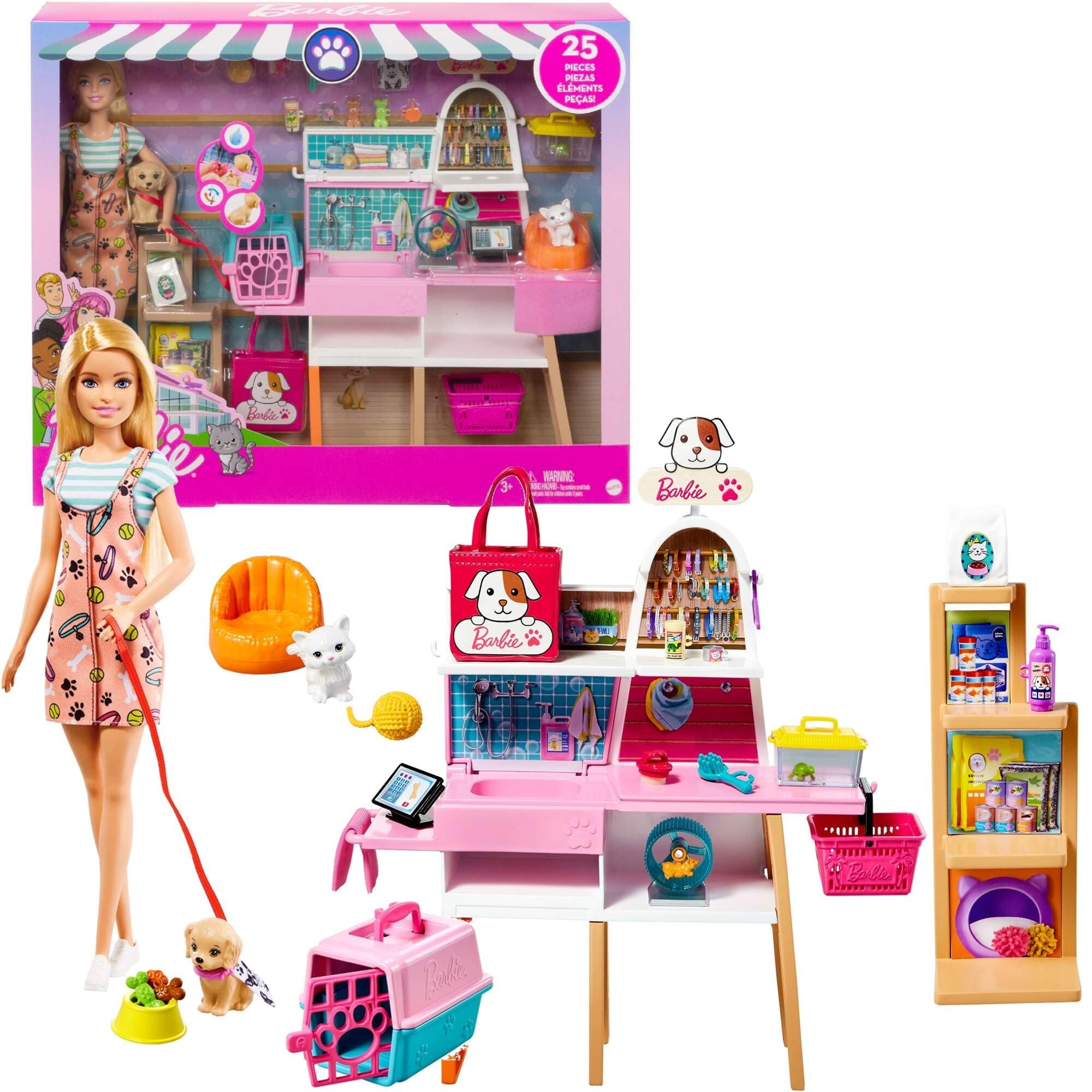 Barbie zestaw do pielęgnacji zwierząt, figurki lalek + akcesoria, 25 sztuk