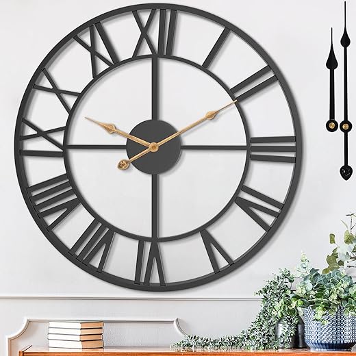 16 Inch Large Wall Clock, Modern Decorative Black Metal Silent Battery Operated Big Roman Numeral Wall Clock for Living Room, Bedroom, Kitchen, Office, Farmhouse, Housewarming Gift