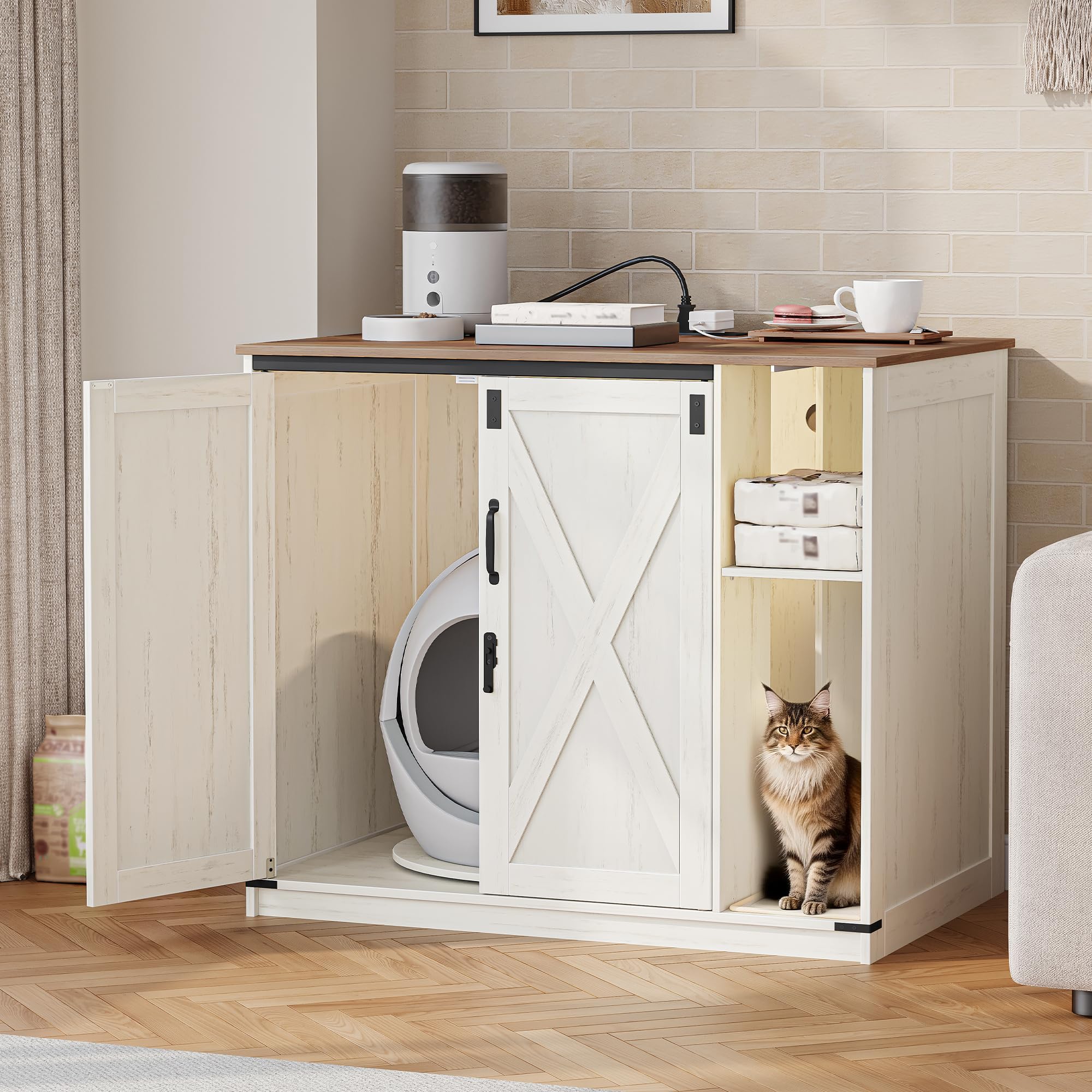 Hzuaneri Extra Large Cat Litter Box Enclosure, Hidden Self-Cleaning Litter Box Furniture with Rotating Stand, Farmhouse Cat Cabinet with Power Outlet & Light, Cats House, Rustic White CB86414XV1