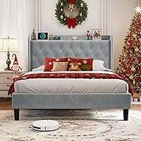 Vista 88 de koorlian Base de cama Queen con cabecero, base de cama tapizada ajustable con puertos tipo C y USB, cabecera de almacenamiento con respaldo de ala