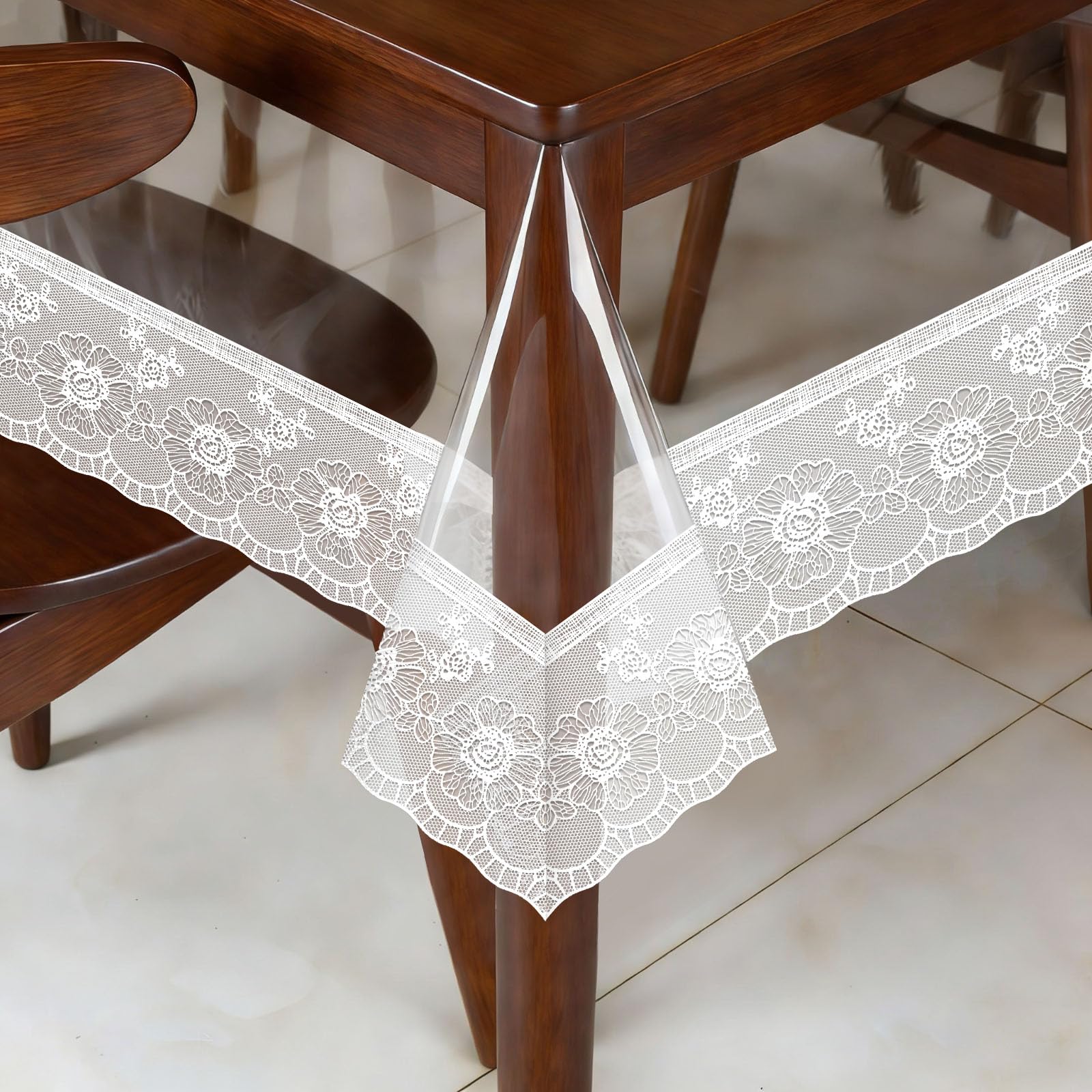 Thatyro 59" x 120" Clear Tablecloth Rectangle with White Lace Trim, Oil-Proof & Waterproof PVC Table Cloth, Clear Table Cover Protector for Kitchen Home Desk Party Camping (White)