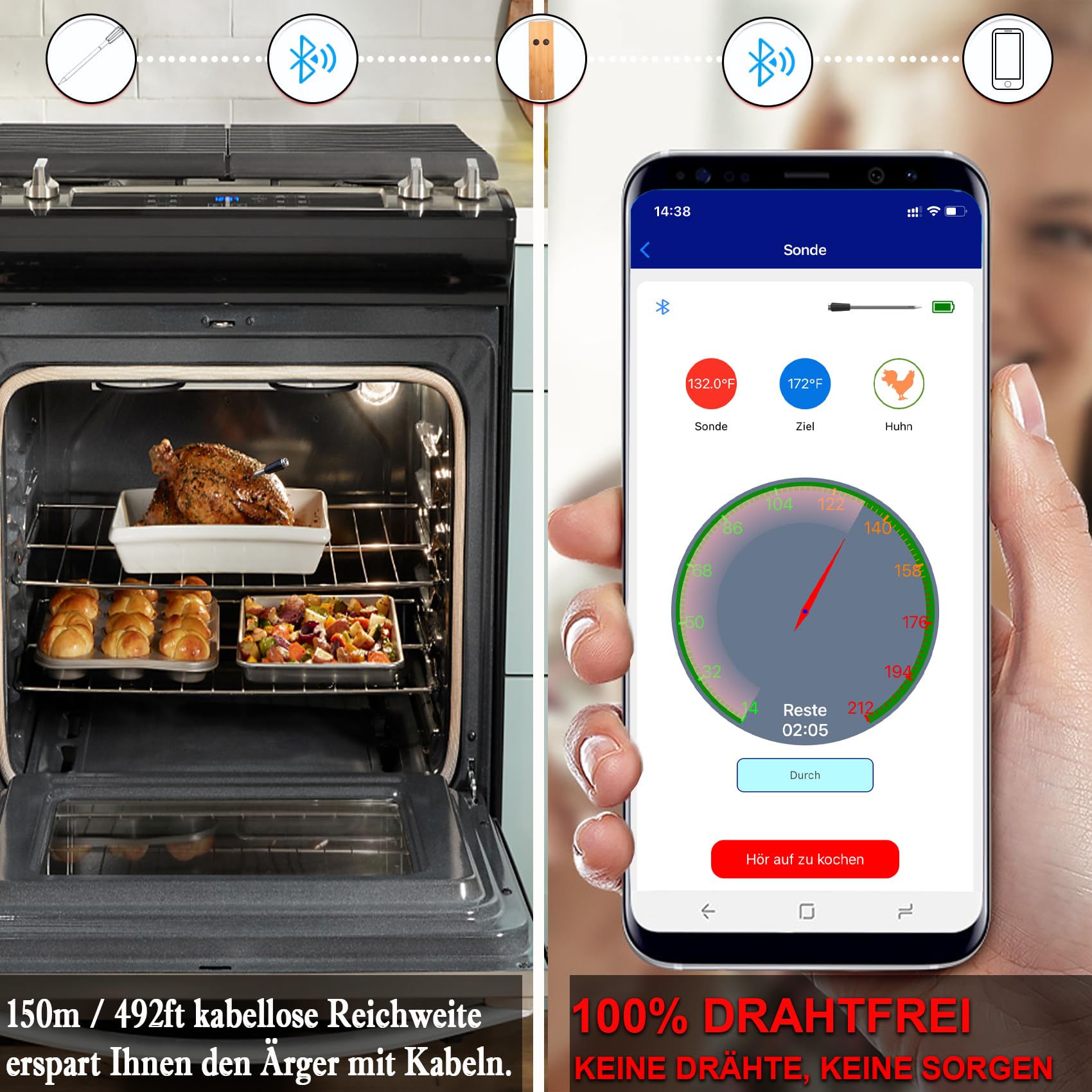 Fleischthermometer Kabellos Grillthermometer mit zwei dünneren Sonden APP Bluetooth 100m Meat Thermometer Bratenthermometer für Backofen Grill Smoker Rotisserie.Weihnachtsgeschenke