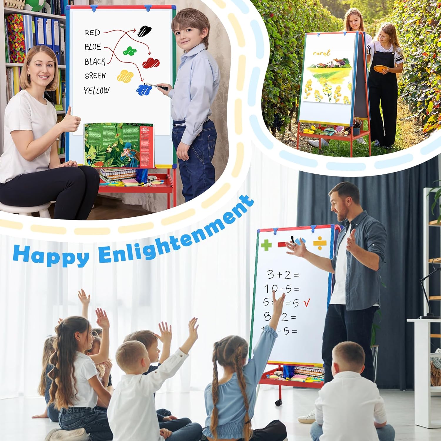 Mobile Dry Erase Board with Stand - 64.4" H Double Sided Portable Rolling Whiteboard Kids Easel for Classroom,Height Adjustable Magnetic White Board on Wheels for Home,School,36x24 inches