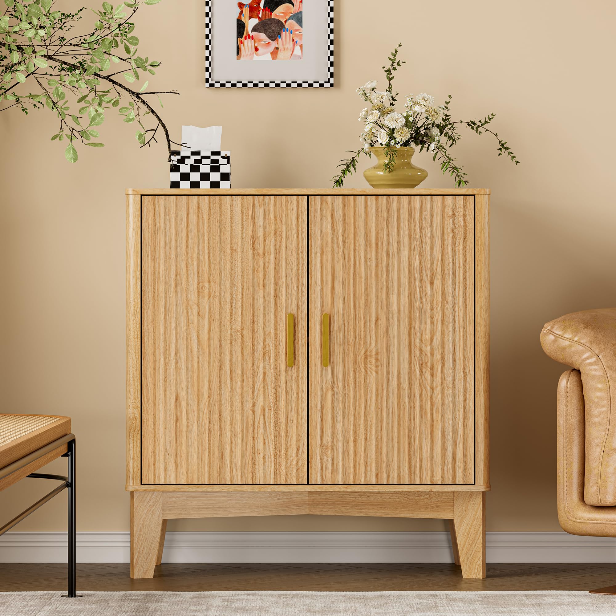 BORNOON Fluted Storage Cabinet with Doors and Adjustable Shelf Sideboard