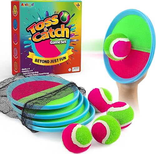 Ayeboovi Juego de pelotas para lanzar y atrapar, juegos al aire libre para niños, juegos de patio, playa, piscina, juguetes con 4 paletas, 4 bolas