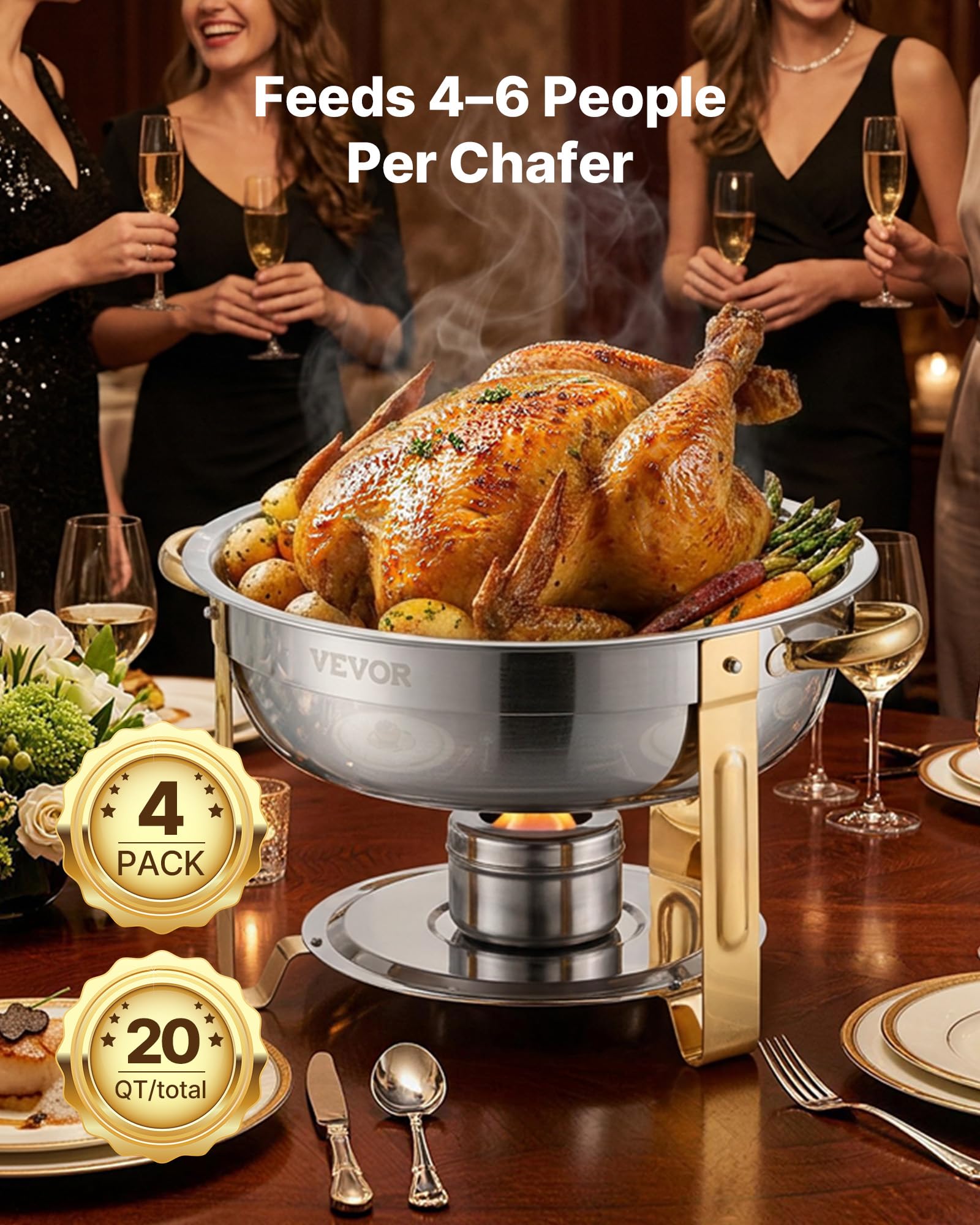 VEVOR Podgrzewacz do żywności w formie bufetu z 4 pełnowymiarowymi pojemnikami (4,7 l każdy), okrągły, do cateringu z pokrywką, tacą na wodę i składanym stojakiem, na wesele i imprezę, złoty