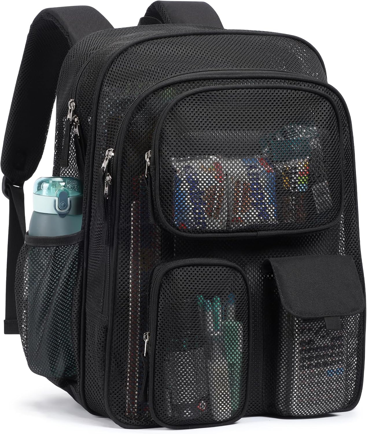 PACKISM Mesh Backpack for School - 18 Inch Extra Large Heavy Duty Mesh Bookbag for Boys Girls, See Through School Backpack with 3 Front Pockets for Students, Black (Age 12+)