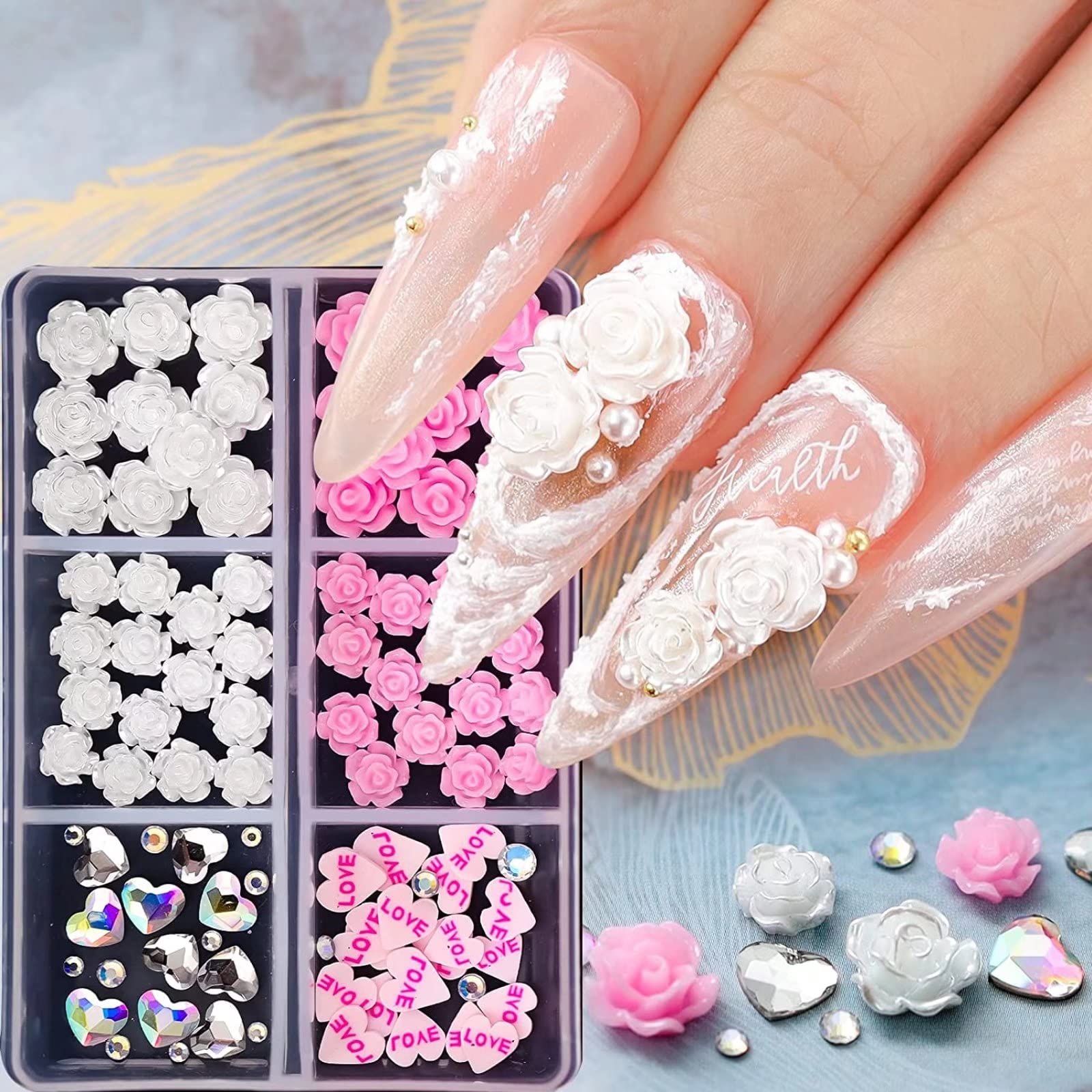 VONJUMA 3D Nagelcharms Set – Rosen & Halbperlen Für Nail Art, Ideal Für Acryl- Und Gelnägel